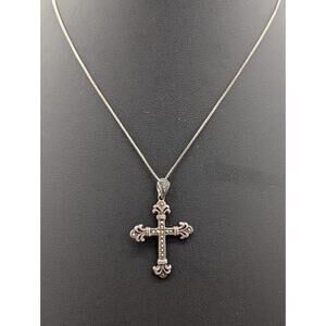 Vintage HAN Sterling Silver Marcasite Fleur De Lis Cross Pendant Necklace Italy